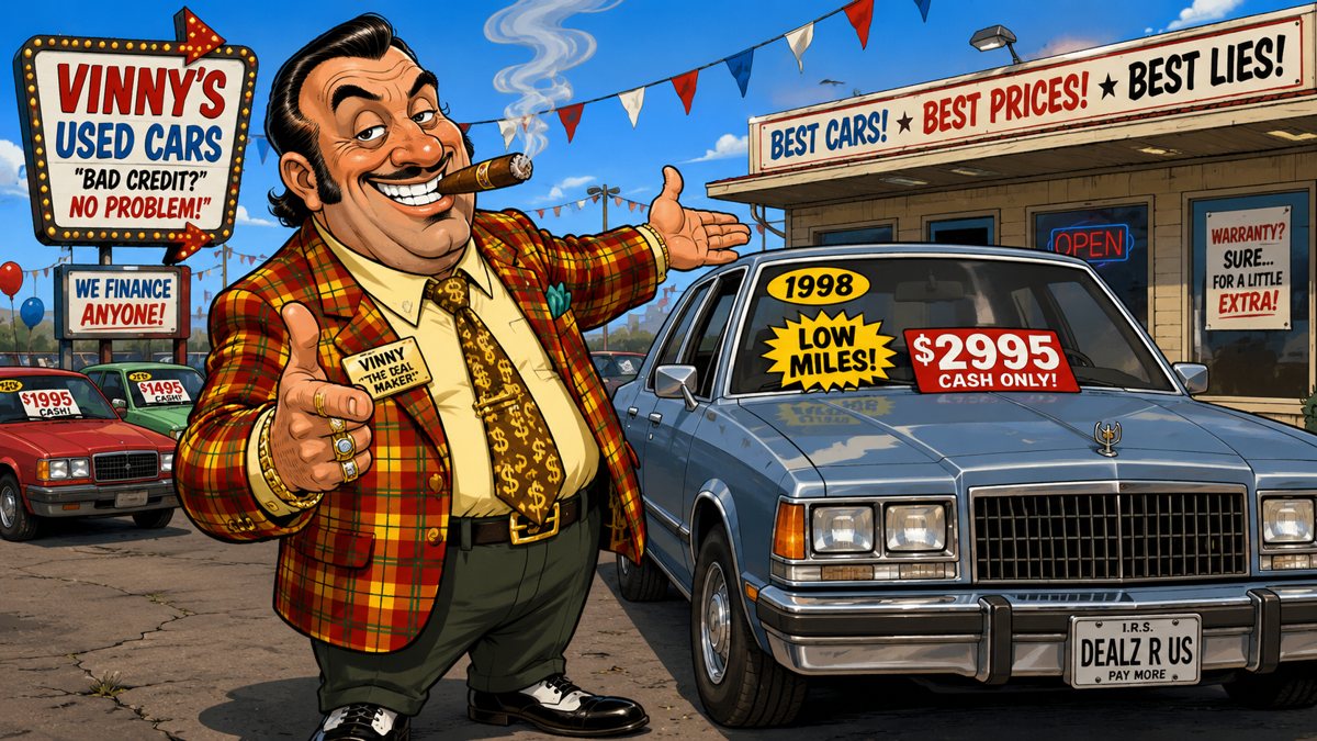 Cartoon of a stereotypical used-car salesman — the image many people picture when they hear the word salesperson